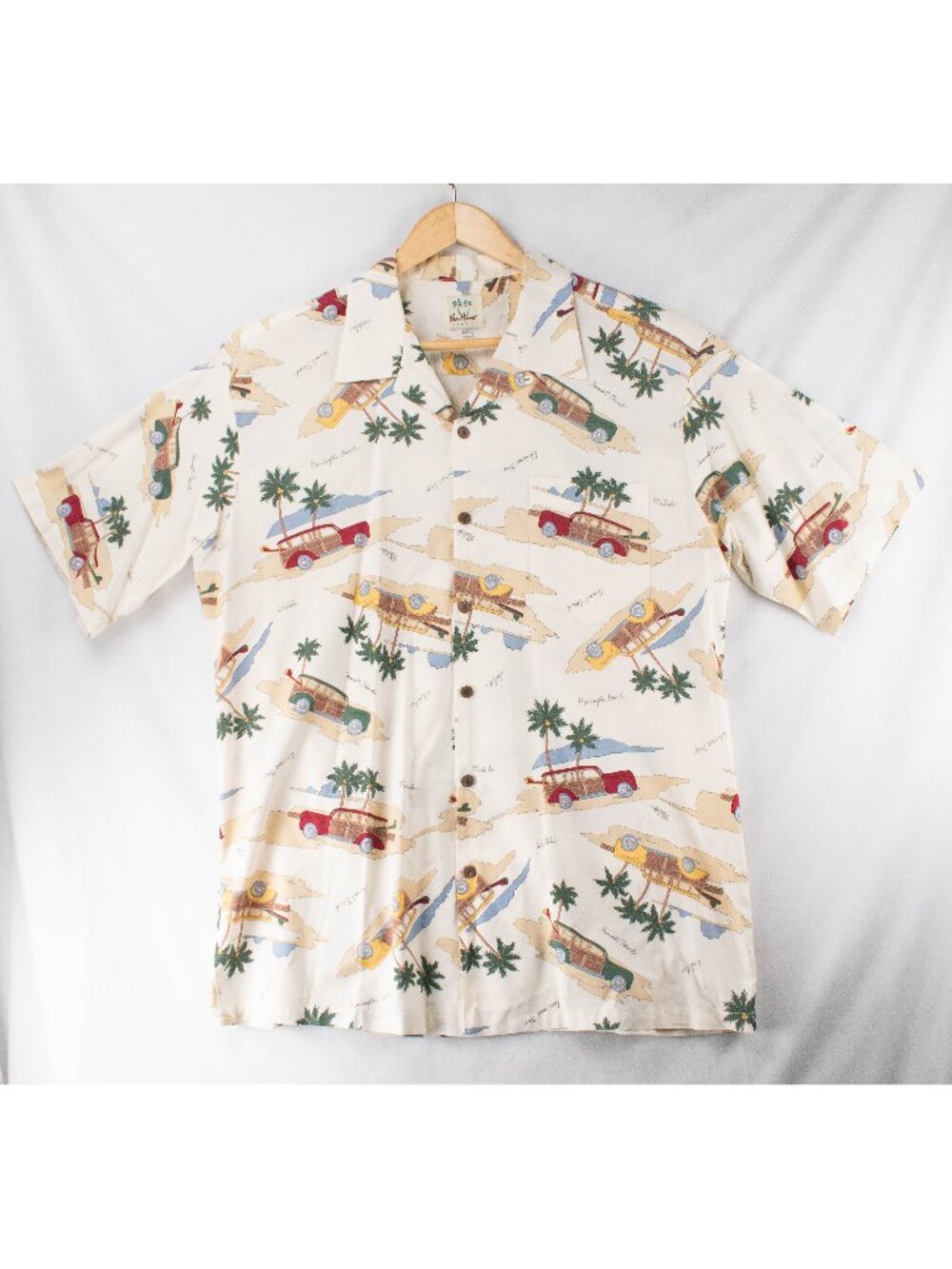 Vintage Pau Hana Hawaiian Shirt Men’s 2XL Woody Wagons & Palm Trees Button Down